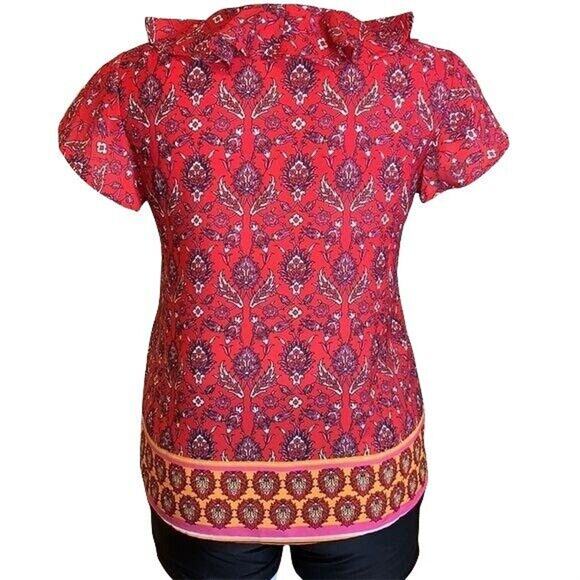 W5 Womens Blouse Top Ruffled V Neck Collar Relaxed Fit Short Sleeve Red Large - Picture 4 of 8